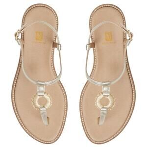 Bruno Magli Jenna Women 9.5 Gold Leather T-Strap Sandals Made in Portugal Raffia